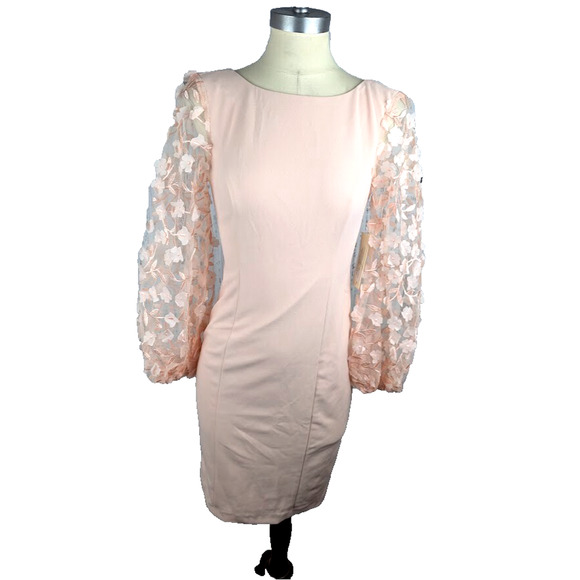 Eliza‎ J Sheer Contrast Sleeve Sheath Dress Blush Pink Knee Length Size 4 - Picture 2 of 6